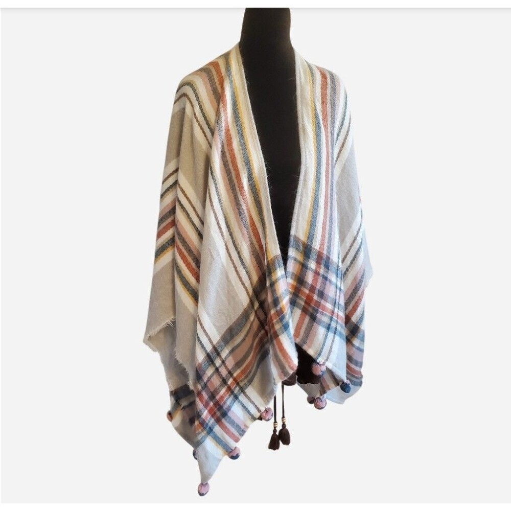 Francescas Plaid Poncho Shawl Cape One Size Pom Pom Hem Western Boho Cozy Ruana